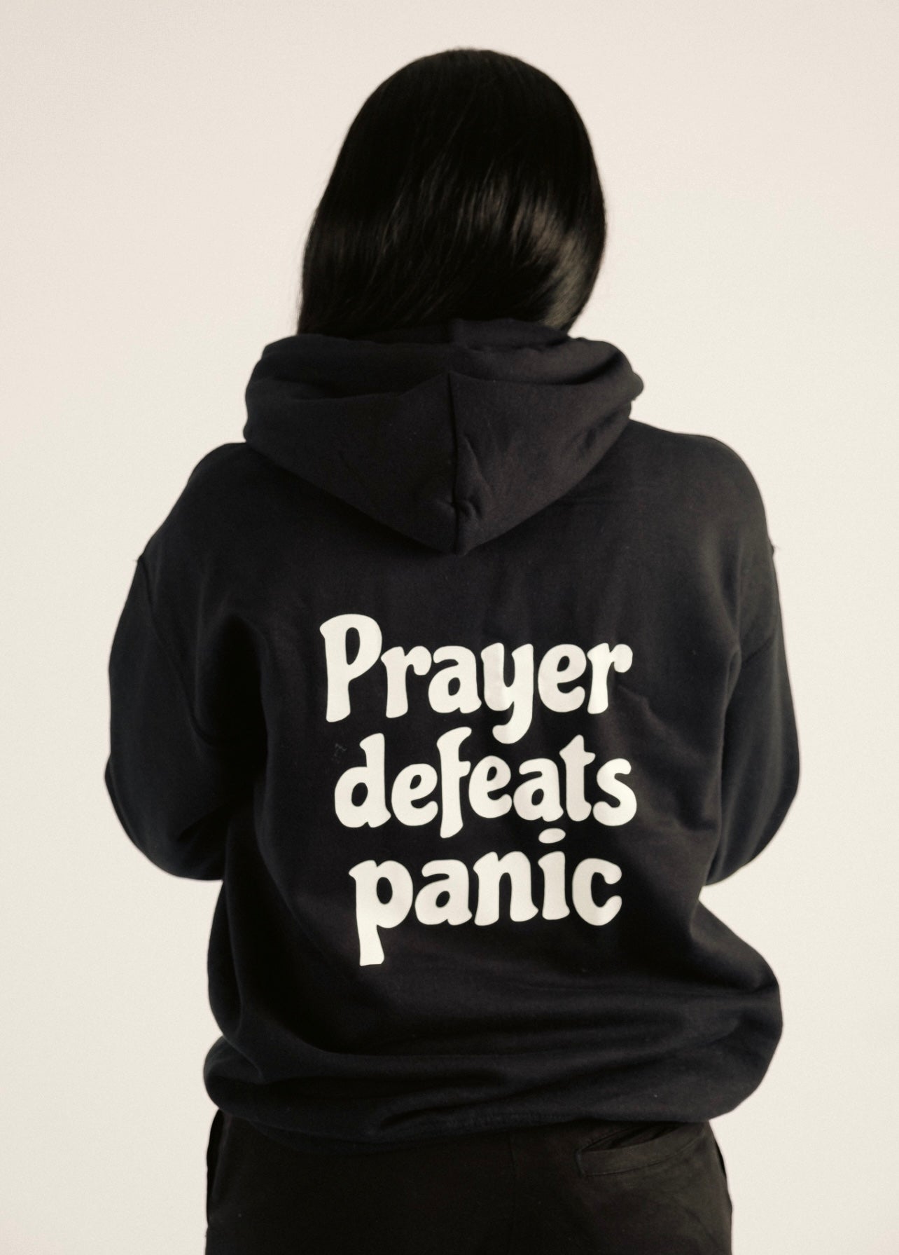 PRAYER DEFEATS PANIC HOODIE | BLACK / WHITE